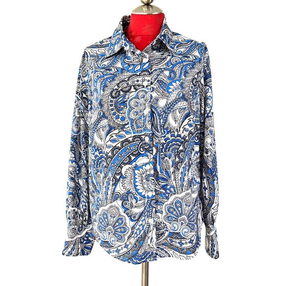 Long Sleeve blue white black paisley blouse shirt top M classic button front - Picture 1 of 8